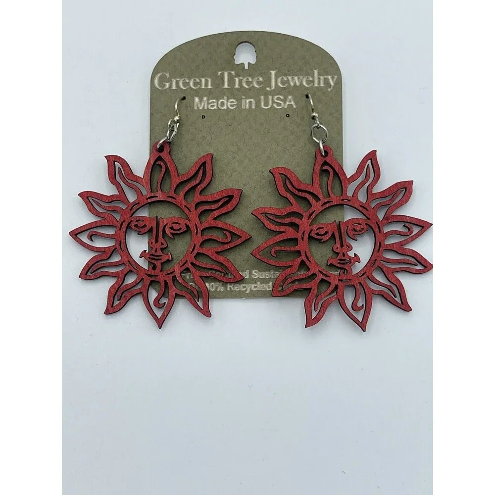 Green Tree Lightweight Laser Cut Wood Sun Drop Dangle Earrings New